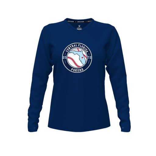 [CUS-DFW-TEES-CMF-VNK-LSL-NVY-FYXS-LOGO3] Decker Comfort T-Shirt (Female Youth XS, Navy, V Neck, Logo 3, Long Sleeve)