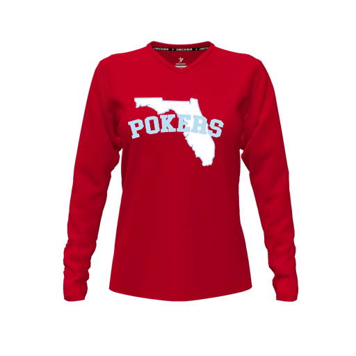 [FTLVPTRD-FYXS-LOGO1] Decker Performance T-Shirt (Female Youth XS, Red, V Neck, Logo 1, Long Sleeve)